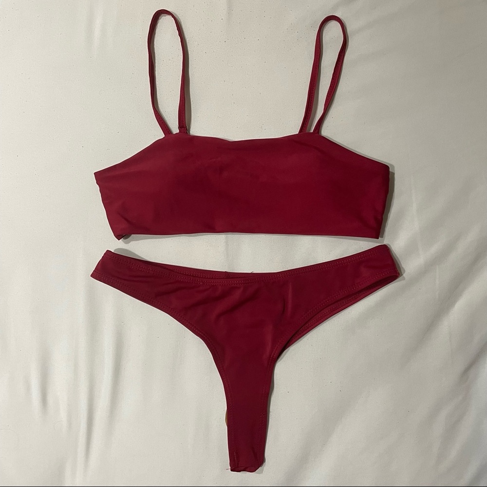 NWT Burgundy sexy thong straight neck bikini